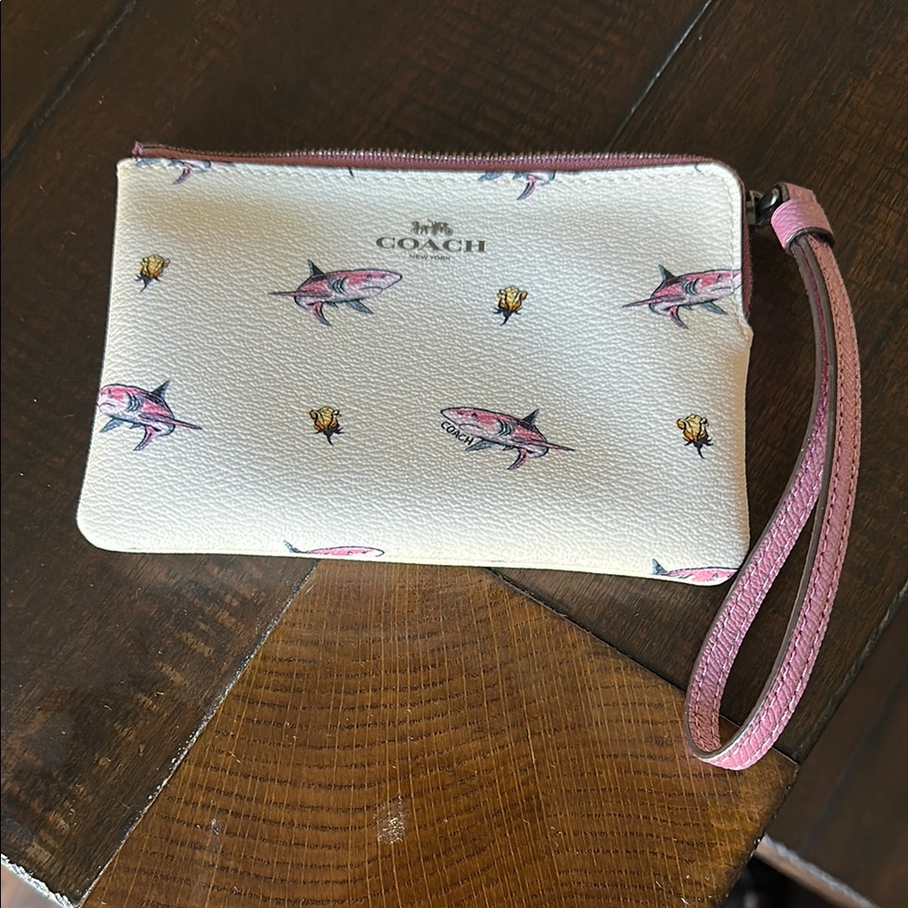 Coach White and Pink Wristlet with Shark Print